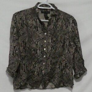 ANNE CARSON | medium | Silk Button-Up Snake Print Blouse | Rolled Cuffs